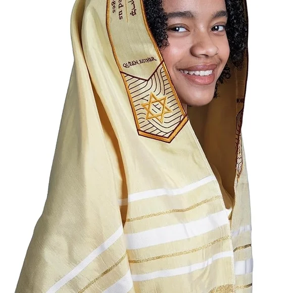 Cream Artistic Tallit with Hebrew Letters - Picture 1 of 14